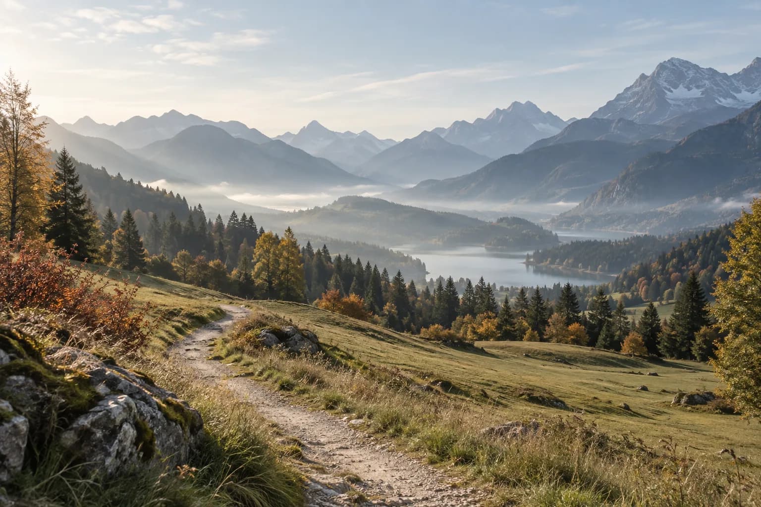 Paisaje alpino ilustrativo con un sendero entre praderas y montañas